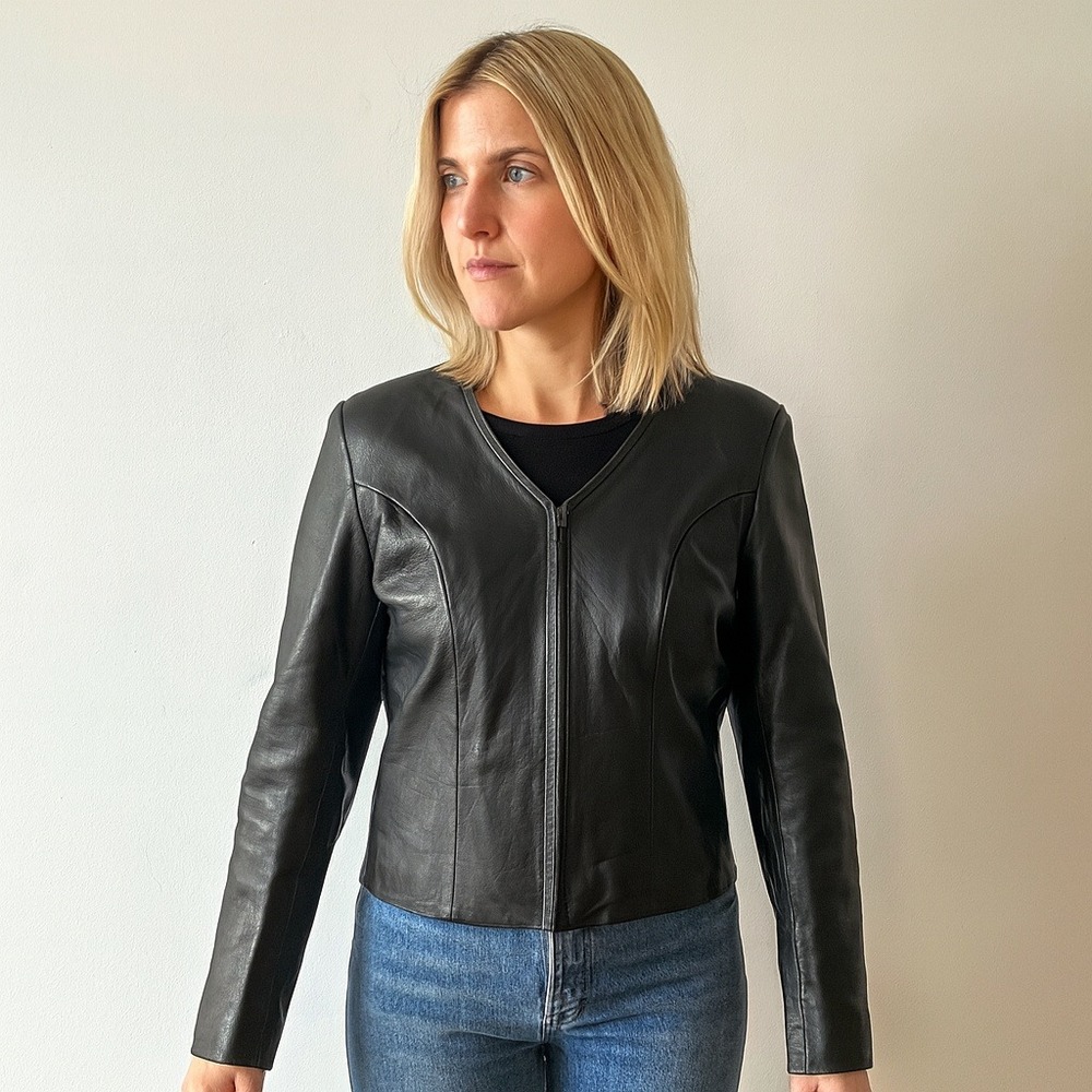 Jacqueline Ferrar Leather Jacket Womens Size 8 Black Full‎ Zip Buttery Soft